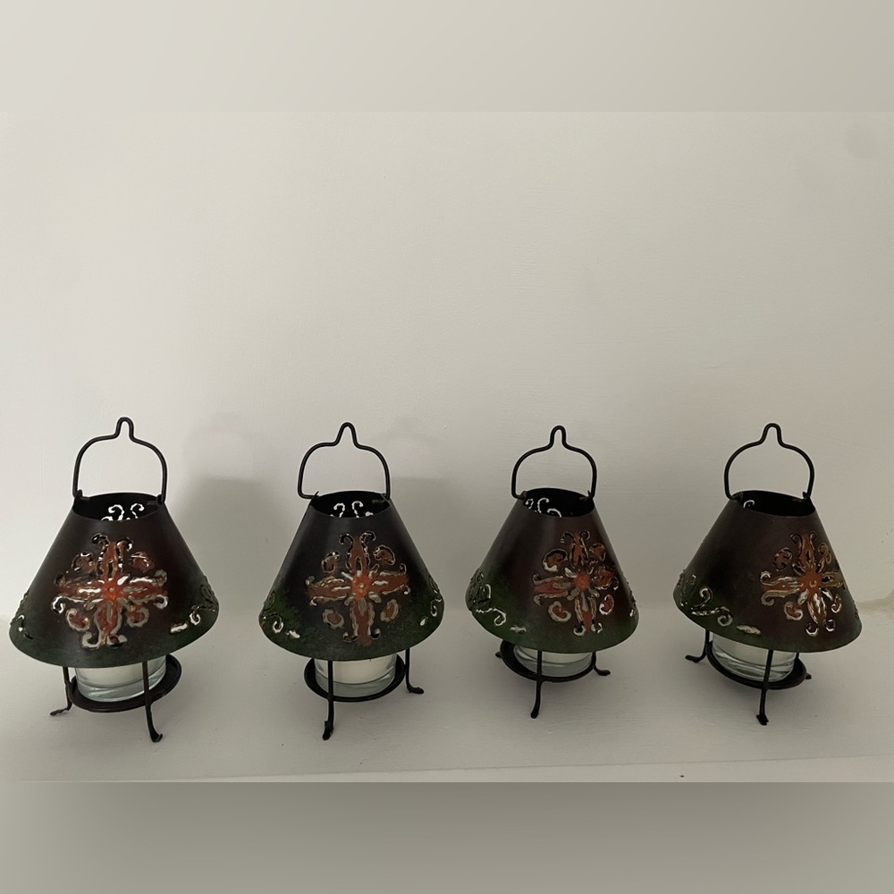 Vintage Set 4 Piece Metal Free Standing or Hanging Candle Lantern.